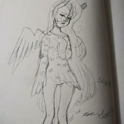 Size: 1080x1080 | Tagged: safe, artist:xyedoesthings, imported from derpibooru, fluttershy, human, clothes, dress, female, humanized, lineart, signature, smiling, solo, traditional art, winged humanization, wings