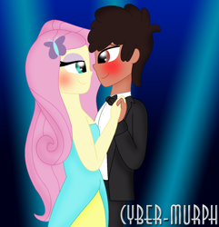 Size: 1432x1488 | Tagged: safe, artist:cyber-murph, imported from derpibooru, fluttershy, oc, human, equestria girls, beret, bowtie, canon x oc, clothes, commission, cute, dancing, dress, fall formal outfits, hat, signature, tuxedo