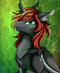 Size: 1446x1764 | Tagged: safe, artist:pridark, imported from derpibooru, oc, oc only, oc:wildcard mask, changeling, earth pony, hybrid, pony, bust, commission, green changeling, male, portrait, smiling, solo