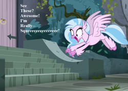 Size: 945x675 | Tagged: safe, edit, edited screencap, editor:korora, imported from derpibooru, screencap, silverstream, school daze, castle of the royal pony sisters, cropped, cute, diastreamies, female, irrational exuberance, jewelry, necklace, smiling, speech, squee, stairs, talking, that hippogriff sure does love stairs