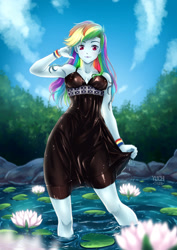 Size: 1240x1754 | Tagged: safe, artist:yuichi-tyan, imported from derpibooru, rainbow dash, equestria girls, black dress, breasts, busty rainbow dash, cleavage, clothes, commission, commissioner:ajnrules, digital art, dress, female, flower, little black dress, pond, rainbow dash always dresses in style, solo, wet clothes, wet dress, wristband, ych result, your character here