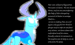 Size: 1478x887 | Tagged: safe, artist:mellow91, artist:sketchmcreations, edit, imported from derpibooru, thorax, oc, oc only, oc:queen noria, changedling, changeling, triple threat, black background, dialogue, eyelashes, female, fusion, glowing eyes, king thorax, male, male possessed by female, male to female, open mouth, possessed, queen thoria, raised hoof, royal we, rule 63, simple background, solo, text, white eyes