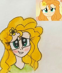 Size: 540x632 | Tagged: safe, artist:lunaart, imported from derpibooru, screencap, pear butter, earth pony, human, pony, the perfect pear, blushing, buttercup, cute, female, flower, flower in hair, humanized, mare, pearabetes, scene interpretation, screencap reference, solo, traditional art