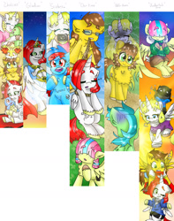 Size: 1500x1900 | Tagged: safe, artist:erichestnut, imported from derpibooru, oc, oc:ferrin winds, oc:gladion, oc:gladious cloud, oc:jasmine sweetcup, oc:tornado goodman, alicorn, pegasus, pony, alicorn oc, camera, cover art, horn, rope, wings