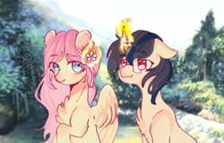 Size: 1280x812 | Tagged: safe, artist:九鹿, imported from derpibooru, fluttershy, oc, oc:forestar, pegasus, pony, unicorn, canon x oc, cute, day, duo, flower, flower in hair, flutterstar, forest, glasses, happy, love, magic, shipping, sky