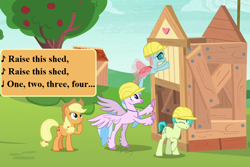 Size: 1080x720 | Tagged: safe, edit, edited screencap, imported from derpibooru, screencap, applejack, ocellus, sandbar, silverstream, changeling, earth pony, hippogriff, pony, apple family reunion, non-compete clause, apple, apple tree, applejack's hat, construction, cowboy hat, cropped, cute, diaocelles, diastreamies, eyes closed, female, food, hard hat, hat, hoof on chin, jackabetes, lyrics, mare, raise this barn, raised hoof, sandabetes, shed, song reference, sweet apple acres, text, tree