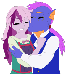 Size: 1311x1472 | Tagged: safe, artist:fantasygerard2000, imported from derpibooru, master kenbroath gilspotten heathspike, wysteria, anthro, dragon, human, cheek kiss, clothes, dress, eyes closed, female, g3, g3 to g4, g4, generation leap, glasses, hair, headcanon, humanized, kiss on the cheek, kissing, male, ponytail, shipping, simple background, straight, transparent background, wysterispike