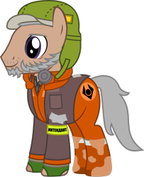 Size: 2356x2900 | Tagged: safe, artist:sketchmcreations, imported from derpibooru, russell, earth pony, pony, clothes, coat, dirty, half-life: alyx, hat, jumpsuit, male, ponified, simple background, solo, stallion, transparent background, vector