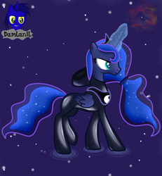 Size: 3840x4154 | Tagged: safe, artist:damlanil, imported from derpibooru, princess luna, alicorn, pony, alternate hairstyle, bodysuit, catsuit, clothes, crown, dream, ethereal mane, female, galaxy mane, glowing horn, horn, jewelry, latex, latex suit, magic, mare, nebula, necklace, planetary nebula, ponytail, regalia, rubber, shiny, show accurate, solo, space, stars, vector, wings