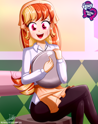 Size: 920x1160 | Tagged: safe, artist:the-butch-x, imported from derpibooru, oc, oc only, oc:mandarine mélange, equestria girls, butch's hello, crossed legs, cute, equestria girls logo, female, happy, hello x, looking at you, plate, signature, sitting, smiling, solo