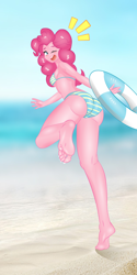 Size: 2000x4000 | Tagged: artist needed, safe, artist:lzh, imported from derpibooru, pinkie pie, equestria girls, ass, balloonbutt, barefoot, beach, bikini, blushing, butt, clothes, day, feet, female, inner tube, looking at you, looking back, looking back at you, midriff, ocean, one eye closed, open mouth, running, sky, smiling, solo, striped swimsuit, stupid sexy pinkie, sunlight, swimsuit, wink, winking at you