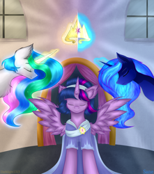 Size: 3538x4000 | Tagged: safe, artist:darklight1315, artist:sane, imported from derpibooru, princess celestia, princess luna, twilight sparkle, alicorn, pony, the last problem, cheek fluff, chest fluff, clothes, collaboration, coronation dress, crown, dress, ear fluff, jewelry, regalia, scene interpretation, second coronation dress, spread wings, twilight sparkle (alicorn), wings