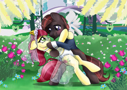Size: 3508x2480 | Tagged: safe, artist:ali-selle, imported from derpibooru, roseluck, oc, oc:appleberry, earth pony, clothes, commission, cute, dancing, dress, marriage, wedding, wedding dress