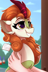 Size: 1000x1500 | Tagged: safe, artist:shadowreindeer, imported from derpibooru, autumn blaze, human, kirin, awwtumn blaze, cute, female, holding a kirin, holding a pony, offscreen character, smiling, solo focus