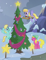 Size: 1020x1337 | Tagged: safe, imported from derpibooru, screencap, cherry berry, cloud kicker, helia, earth pony, pegasus, pony, a hearth's warming tail, background pony, cherrybetes, cropped, cute, decoration, eyes closed, female, flying, happy, hearth's warming, hearth's warming tree, heliadorable, holiday, kickerbetes, mare, snow, stars, tree, trio