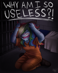 Size: 2000x2500 | Tagged: safe, artist:shimmer-shy, imported from derpibooru, rainbow dash, equestria girls, bed, cell, clothes, crying, female, freckles, frustration, grabbing hair, prison, prison outfit, prisoner rd, scratches, solo