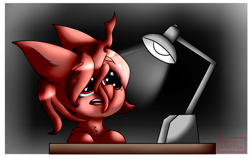 Size: 1100x700 | Tagged: safe, artist:diantrex, imported from derpibooru, oc, oc only, oc:red flux, changeling, moth, mothling, mothpony, original species, big pupils, black background, desk, dilated pupils, eyebrows, eyebrows visible through hair, eyes on the prize, lamp, male, red changeling, signature, simple background, solo, starry eyes, trance, wingding eyes