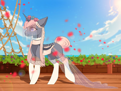 Size: 1920x1440 | Tagged: safe, artist:kxttponies, imported from derpibooru, oc, oc only, oc:lilia, pony, unicorn, clothes, dress, female, mare, solo, stockings, thigh highs, wedding dress