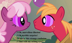 Size: 945x567 | Tagged: safe, edit, edited screencap, imported from derpibooru, screencap, big macintosh, cheerilee, hearts and hooves day (episode), cheerimac, cropped, female, gilbert and sullivan, heart, love poison, lyrics, male, mind control eyes, shipping, song reference, straight, swirly eyes, text, the sorcerer (opera)