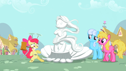 Size: 1920x1080 | Tagged: safe, imported from derpibooru, screencap, apple bloom, cherry berry, linky, shoeshine, earth pony, pony, the cutie pox, background pony, bipedal, female, fine art parody, hammer, mare, statue, the birth of venus, we don't normally wear clothes