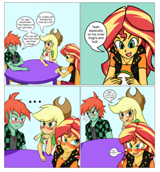Size: 5578x5988 | Tagged: safe, artist:sodaska, imported from derpibooru, applejack, sunset shimmer, oc, oc:ruby sword, human, equestria girls, bedroom eyes, blushing, blushing profusely, canon x oc, comic, embarrassed, food, freckles, geode of empathy, implied nudity, implied sex, lidded eyes, looking at each other, looking away, magical geodes, pfft, raspberry noise, realization, sandwich, shipping, sitting, snickering, sunsword