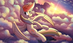 Size: 4096x2412 | Tagged: safe, artist:kaylerustone, imported from derpibooru, rainbow dash, pegasus, pony, cloud, female, flying, high res, mare, open mouth, sky, solo, spread wings, sunset, wings
