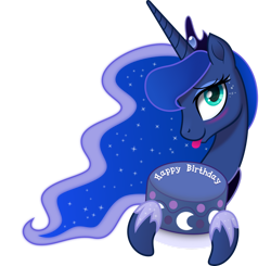 Size: 1280x1252 | Tagged: safe, artist:johnjoseco, artist:negatif22, imported from derpibooru, princess luna, alicorn, pony, .svg available, :p, birthday cake, blushing, bust, cake, cute, female, food, happy birthday, lunabetes, mare, movie accurate, portrait, simple background, solo, tongue out, transparent background, vector