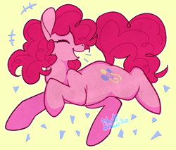 Size: 1280x1088 | Tagged: safe, artist:botdraws, imported from derpibooru, pinkie pie, earth pony, pony, cute, diapinkes, eyes closed, female, mare, open mouth, profile, simple background, solo, yellow background