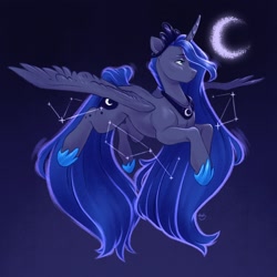 Size: 1600x1600 | Tagged: safe, artist:hollybright, imported from derpibooru, princess luna, alicorn, pony, constellation, crescent moon, crown, female, hoof shoes, jewelry, mare, moon, night, profile, regalia, solo, spread wings, wings