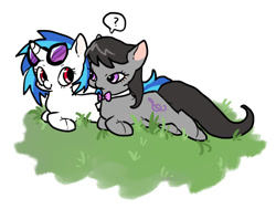 Size: 1056x798 | Tagged: safe, artist:raptorialtalon0202, imported from derpibooru, dj pon-3, octavia melody, vinyl scratch, earth pony, pony, unicorn, bowtie, cute, duo, female, lying down, mare, pictogram, ponyloaf, prone, question mark, simple background, smiling, speech bubble, white background