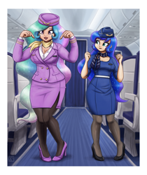 Size: 2250x2677 | Tagged: safe, artist:king-kakapo, imported from derpibooru, princess celestia, princess luna, human, airline, breasts, busty princess celestia, busty princess luna, cleavage, clothes, commission, dress, duo, duo female, female, hat, high heels, humanized, pantyhose, pillbox hat, scarf, shoes, siblings, sisters, skirt, skirt suit, stewardess, suit