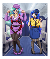 Size: 2250x2677 | Tagged: safe, artist:king-kakapo, imported from derpibooru, princess celestia, princess luna, human, airline, breasts, busty princess celestia, busty princess luna, cleavage, clothes, commission, dress, duo, duo female, female, hat, high heels, humanized, lifejacket, pantyhose, parachute, pillbox hat, scarf, shoes, siblings, sisters, skirt, skirt lift, skirt suit, stewardess, suit