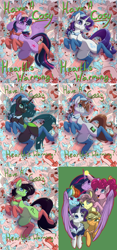 Size: 4076x8679 | Tagged: dead source, safe, artist:banoodle, imported from derpibooru, applejack, cozy glow, fluttershy, pinkie pie, queen chrysalis, rainbow dash, rarity, twilight sparkle, oc, oc:anon, oc:filly anon, oc:littlepip, alicorn, changeling, changeling queen, earth pony, pegasus, pony, unicorn, fallout equestria, the last problem, christmas, clothes, cozy closet, earth pony oc, female, filly, hat, holiday, horn, mane six, mare, multeity, older, older applejack, older fluttershy, older pinkie pie, older rainbow dash, older rarity, open mouth, princess twilight 2.0, pun, santa hat, smiling, socks, twilight sparkle (alicorn), unicorn oc