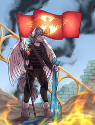 Size: 2265x3000 | Tagged: artist needed, safe, artist:djkaskan, imported from derpibooru, oc, oc only, oc:light knight, anthro, pegasus, unguligrade anthro, equestria at war mod, anthro oc, armor, clothes, day, fire, flag, male, military, military uniform, pegasus oc, solo, wings