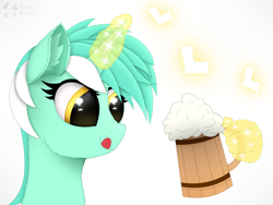 Size: 4000x3000 | Tagged: dead source, safe, artist:alexbefest, imported from derpibooru, lyra heartstrings, pony, unicorn, alcohol, beer, cider, female, hand, licking, licking lips, magic, magic hands, mare, mug, my little pony, solo, tongue out