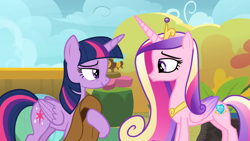 Size: 1920x1080 | Tagged: safe, imported from derpibooru, screencap, princess cadance, twilight sparkle, alicorn, pony, once upon a zeppelin, cowboy hat, duo, duo female, female, hat, sisters-in-law, twilight sparkle (alicorn)