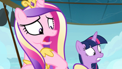 Size: 1920x1080 | Tagged: safe, imported from derpibooru, screencap, princess cadance, twilight sparkle, alicorn, pony, once upon a zeppelin, duo, duo female, female, sisters-in-law, twilight sparkle (alicorn)