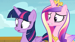 Size: 1920x1080 | Tagged: safe, imported from derpibooru, screencap, princess cadance, twilight sparkle, alicorn, pony, once upon a zeppelin, duo, duo female, female, sisters-in-law, twilight sparkle (alicorn)