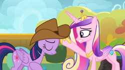 Size: 1920x1080 | Tagged: safe, imported from derpibooru, screencap, princess cadance, twilight sparkle, alicorn, pony, once upon a zeppelin, cowboy hat, duo, duo female, female, hat, sisters-in-law, twilight sparkle (alicorn)