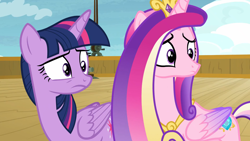 Size: 1920x1080 | Tagged: safe, imported from derpibooru, screencap, princess cadance, twilight sparkle, alicorn, pony, once upon a zeppelin, duo, duo female, female, sisters-in-law, twilight sparkle (alicorn)