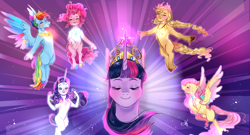 Size: 1200x650 | Tagged: safe, artist:bunnari, imported from derpibooru, applejack, fluttershy, pinkie pie, rainbow dash, rarity, twilight sparkle, earth pony, pegasus, pony, unicorn, friendship is magic, alternate hairstyle, applejack's hat, big crown thingy, blushing, cowboy hat, element of generosity, element of honesty, element of kindness, element of laughter, element of loyalty, element of magic, elements of harmony, eyes closed, female, flying, freckles, hat, jewelry, magic, mane six, open mouth, raised hoof, regalia, scene interpretation, unicorn twilight, unshorn fetlocks