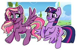 Size: 1356x871 | Tagged: safe, artist:ali-selle, imported from derpibooru, twilight sparkle, oc, oc:lightning starlight, alicorn, pony, alicorn oc, cute, female, flying, horn, looking at each other, mare, simple background, smiling, transparent background, twilight sparkle (alicorn), wings