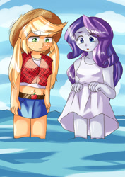 Size: 724x1023 | Tagged: safe, artist:araiiara123, imported from derpibooru, applejack, rarity, equestria girls, clothes, dress, duo, duo female, female, water, wet