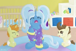 Size: 1771x1181 | Tagged: safe, artist:exobass, imported from derpibooru, pound cake, pumpkin cake, trixie, pony, alternate hairstyle, baby, babysitter trixie, bed, carpet, clothes, crying, diaper, hoodie, indoors, male, shelf