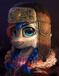 Size: 1920x2460 | Tagged: safe, artist:rysunkowasucharia, imported from derpibooru, oc, oc only, oc:marussia, earth pony, pony, bust, clothes, female, hat, jacket, looking at you, mare, nation ponies, ponified, portrait, russia, smiling, solo, sweater, ushanka