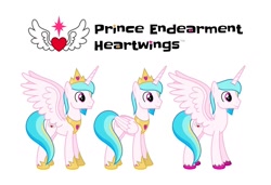 Size: 1280x873 | Tagged: safe, artist:parclytaxel, artist:starponys87, imported from derpibooru, oc, oc only, oc:prince endearment, alicorn, pony, alicorn oc, angelic wings, armor, crown, heart, horn, jewelry, male, male alicorn, male alicorn oc, peytral, regalia, simple background, smiling, spread wings, stallion, unshorn fetlocks, white background, wings