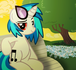 Size: 7200x6600 | Tagged: safe, artist:agkandphotomaker2000, imported from derpibooru, dj pon-3, vinyl scratch, pony, unicorn, absurd resolution, afternoon, bench, chillaxing, dj glasses, female, flower, hill, looking at you, raised eyebrows, red eyes, show accurate, sitting, solo, tree, vinyl's glasses