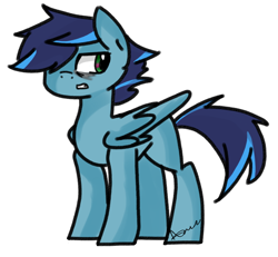 Size: 1070x989 | Tagged: safe, artist:xxanniebluexx, imported from derpibooru, oc, oc only, oc:rain lightning, pegasus, pony, blank flank, hidden eyes, male, offspring, parent:rainbow dash, parent:soarin', parents:soarindash, pegasus oc, simple background, solo, stallion, tired, white background, wings