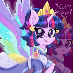 Size: 1100x1100 | Tagged: safe, artist:payshiechastityart, imported from derpibooru, twilight sparkle, alicorn, pony, the last problem, clothes, colored wings, coronation dress, crown, cute, dress, ear piercing, earring, female, jewelry, mare, multicolored wings, piercing, rainbow wings, regalia, second coronation dress, solo, twiabetes, twilight sparkle (alicorn), wing bling, wings, zoom layer