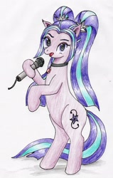 Size: 2001x3153 | Tagged: safe, artist:40kponyguy, derpibooru exclusive, imported from derpibooru, aria blaze, earth pony, pony, bipedal, choker, ear fluff, equestria girls ponified, female, hoof hold, looking at you, mare, microphone, pigtails, ponified, simple background, solo, traditional art, twintails